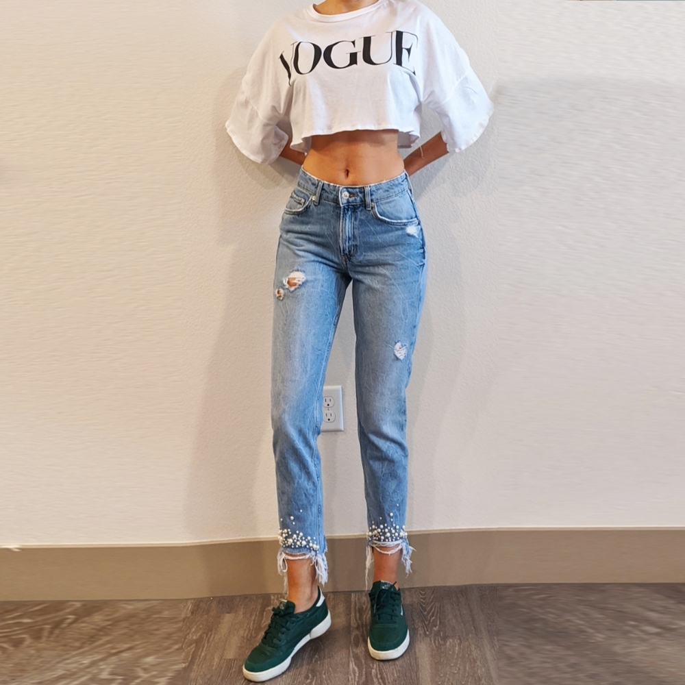 Special design beaded ornament Girlfriend Fit jean